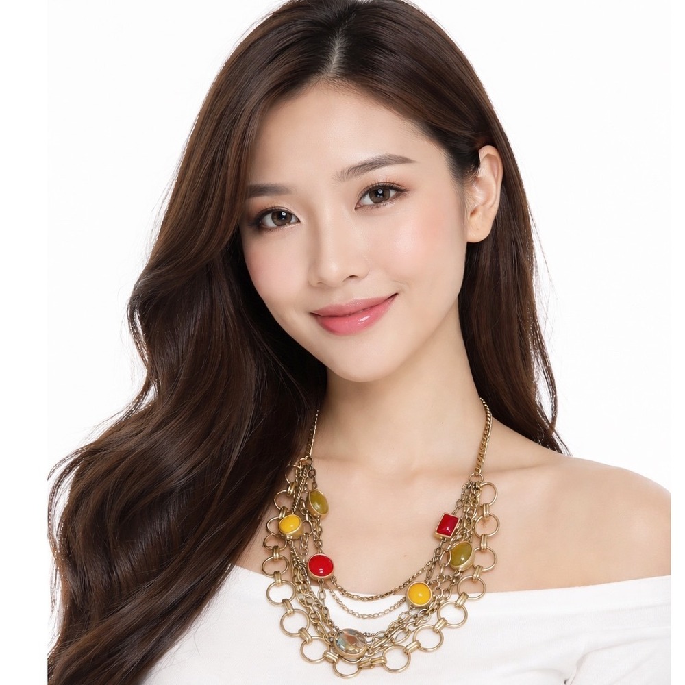 LOFT Antiqued Gold Tone Multi Strand Bib Necklace Red Yellow Green Stones 103-92